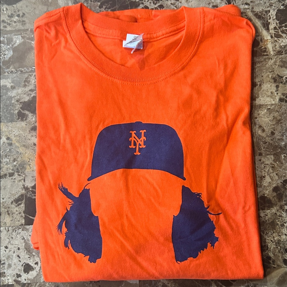 Gildan Bright Orange Tee with Navy Graphic